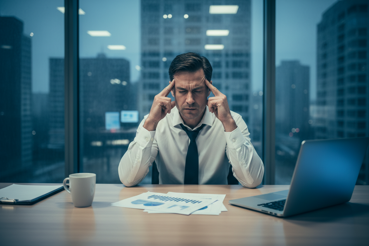 Stressed professional at a desk with visible tension