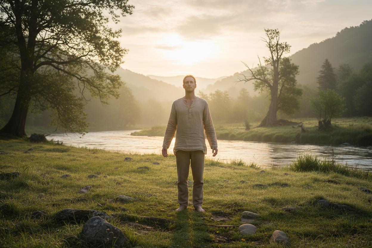 Calm person in nature, embodying stress resilience