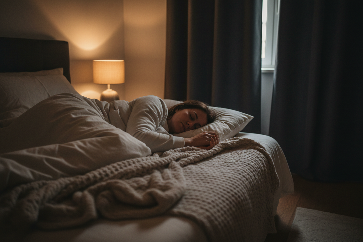 Person sleeping deeply in a peaceful bedroom environment