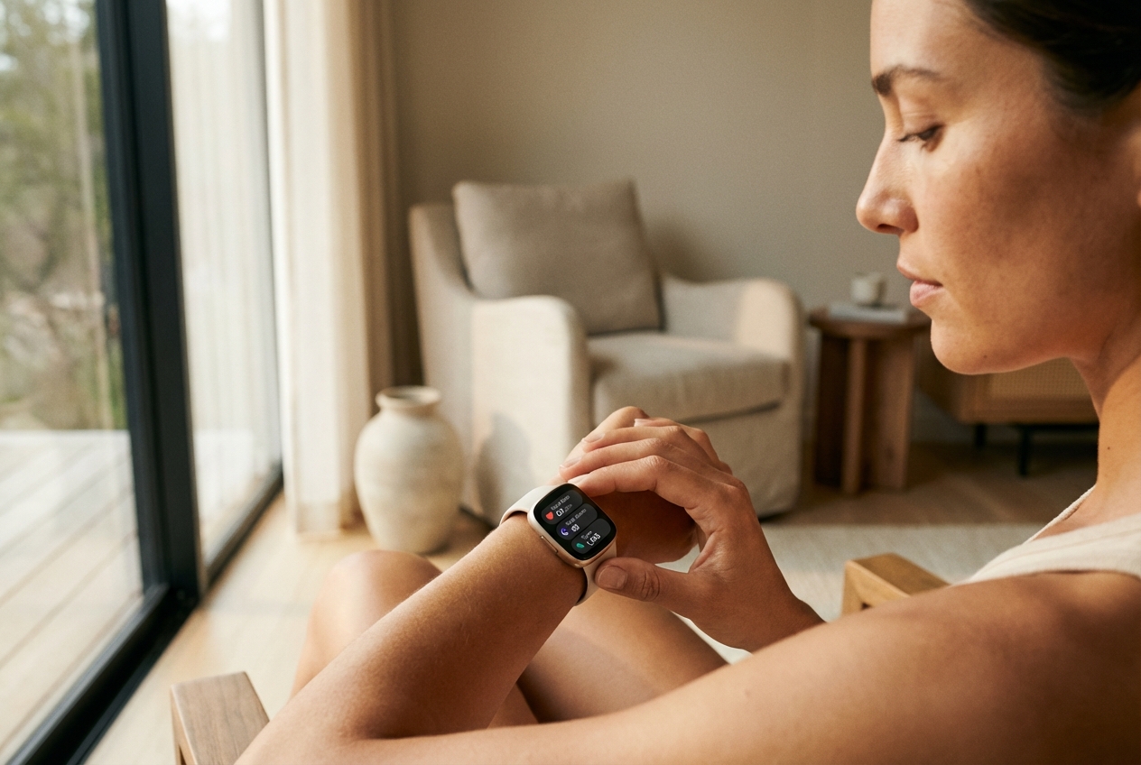 Person checking a fitness tracker smartwatch in soft morning light