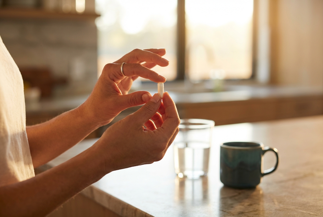 Close-up of hands examining a supplement capsule in morning light