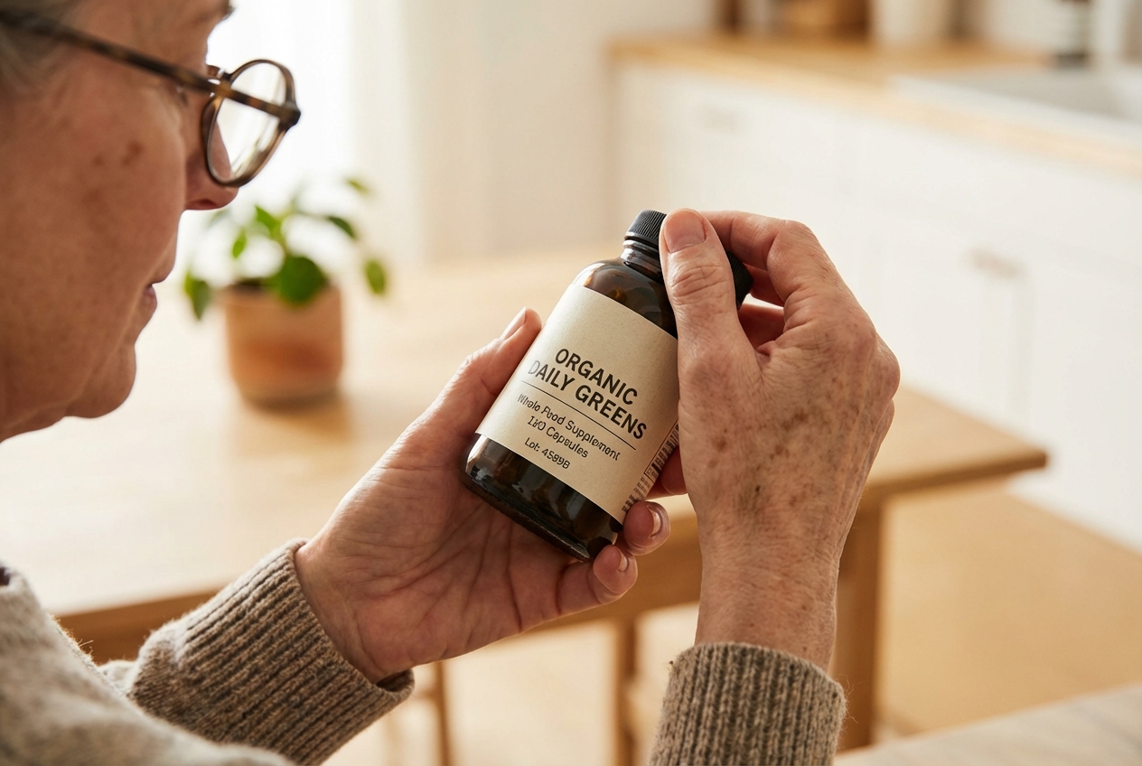Close-up of someone with reading glasses examining a supplement bottle label in natural light