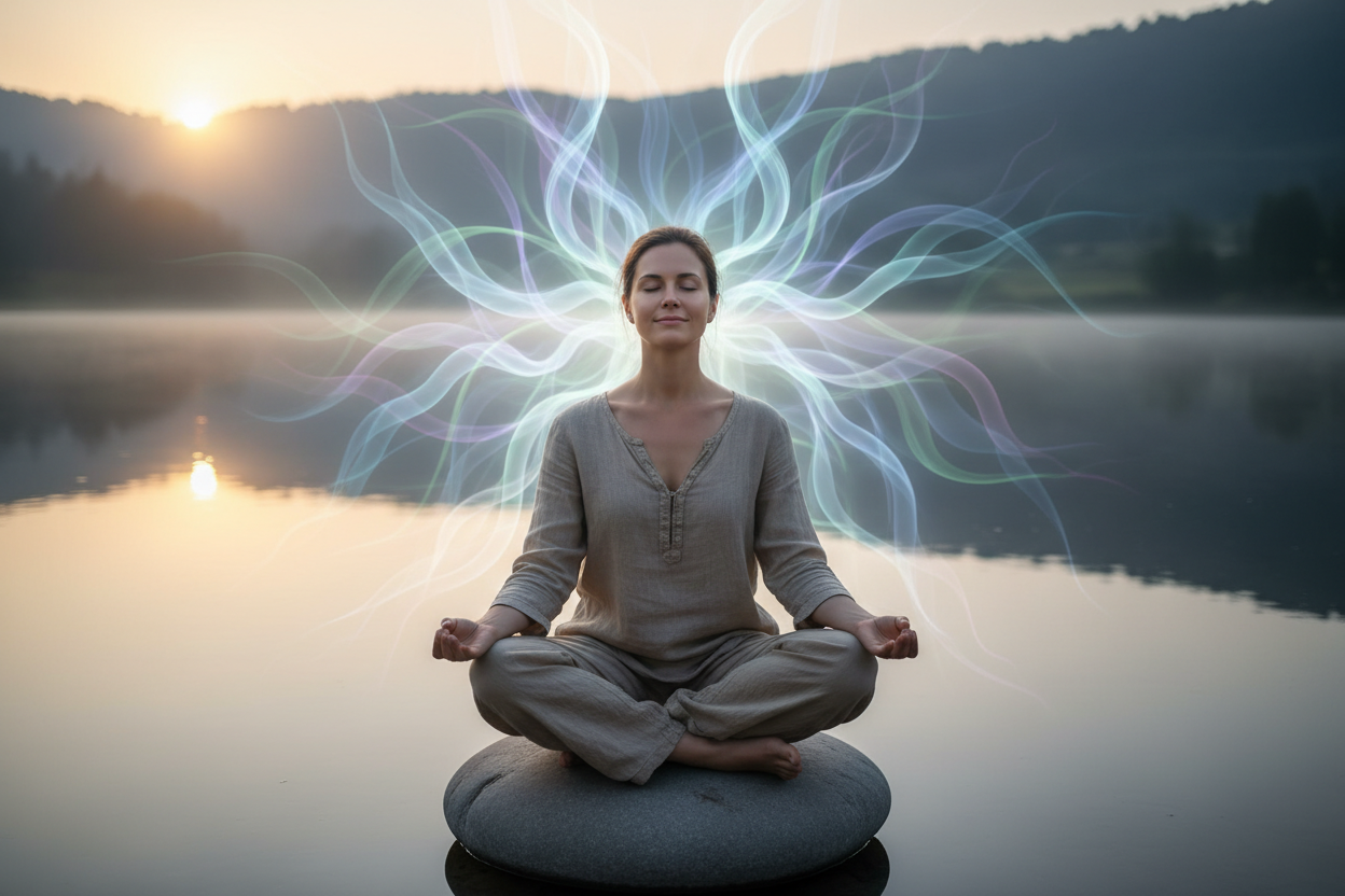 Person in a calm meditative state with EEG brainwave visualization