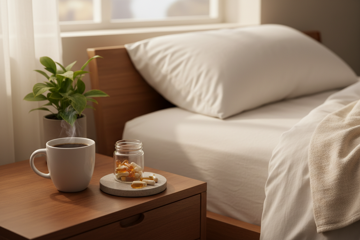 Cup of coffee and L-Theanine supplement in a morning routine