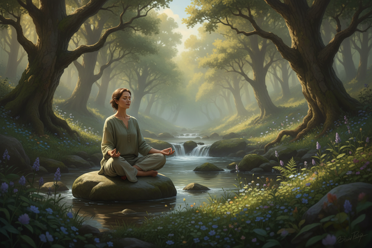 Person looking calm and focused in a peaceful environment