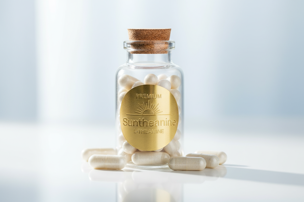 Close-up of Suntheanine verified supplement capsules
