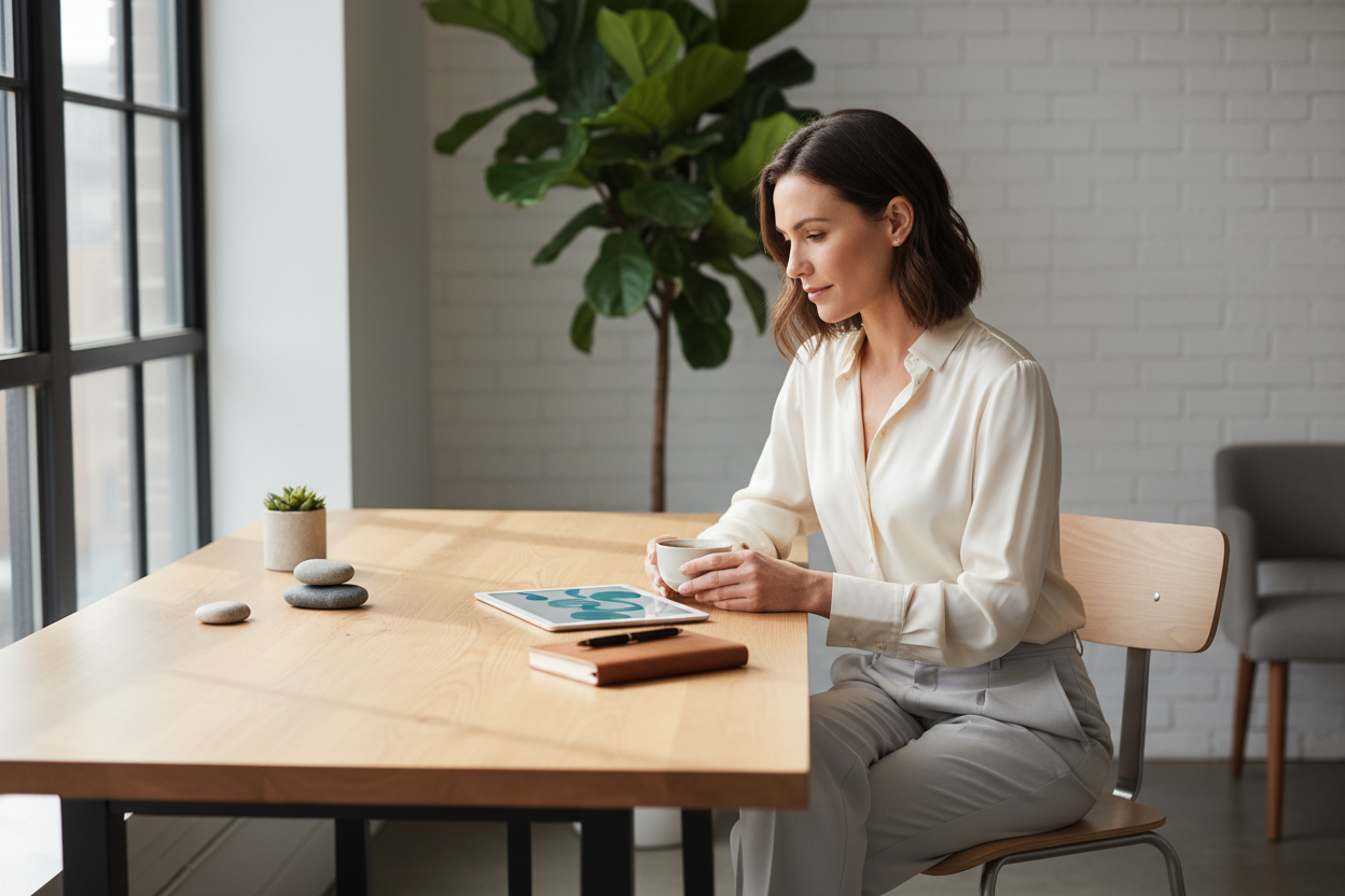 Professional working at a desk, looking focused and calm