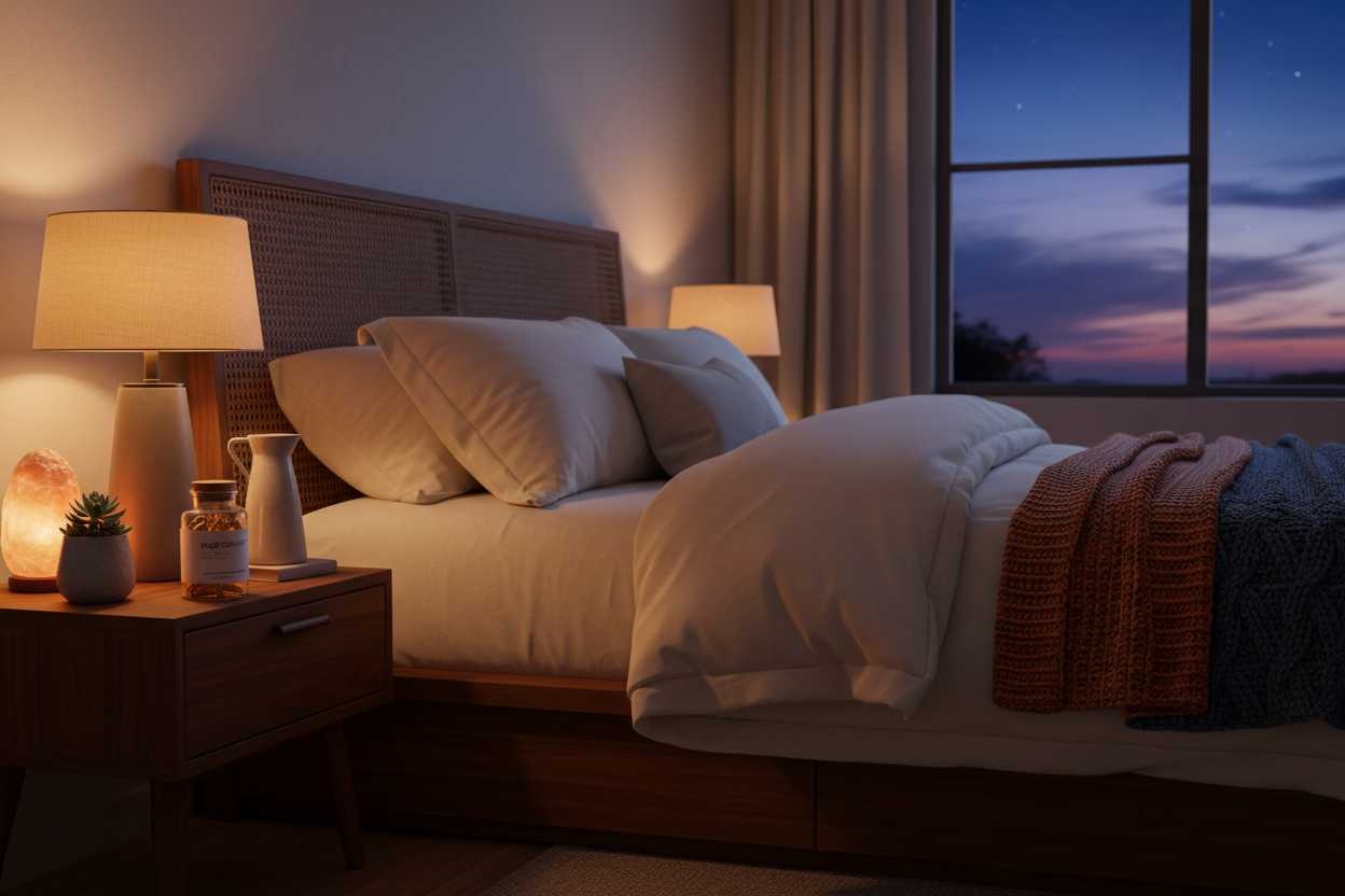 Person in a calm evening setting, ready for restful sleep