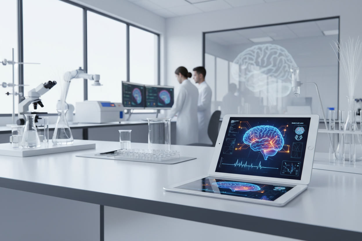 Researcher reviewing clinical trial data on a tablet