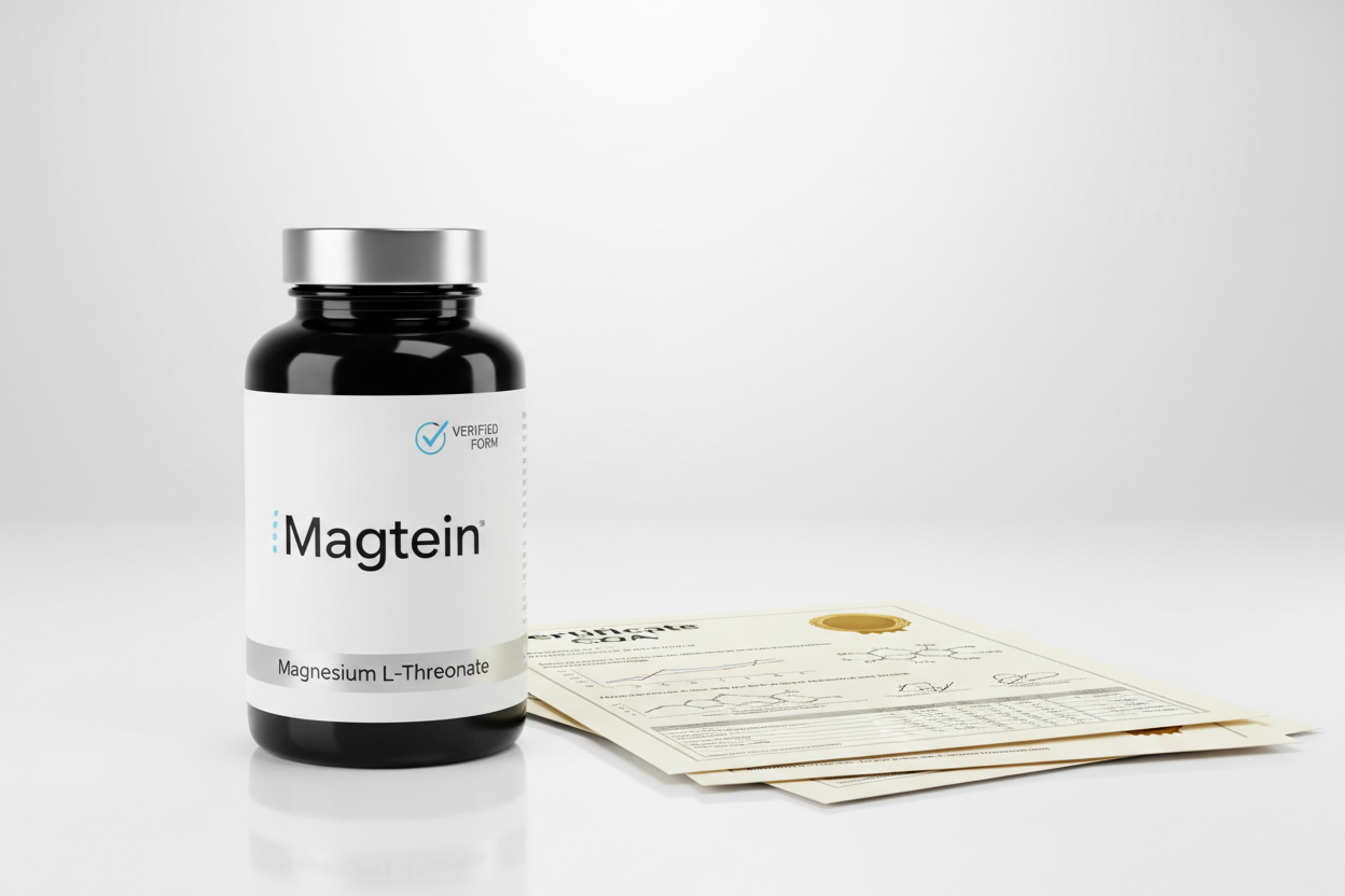 Supplement bottle with verified Magtein label and COA documentation