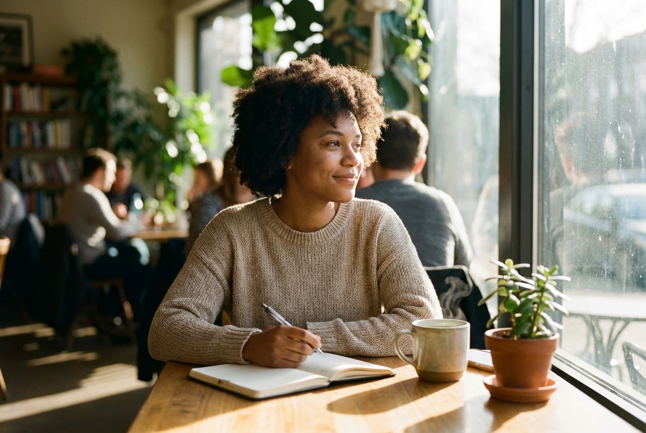 Person journaling in a sunlit cafe with a cup of tea, looking calm and present