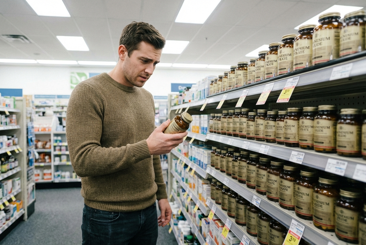 Person examining supplement bottles in a store aisle