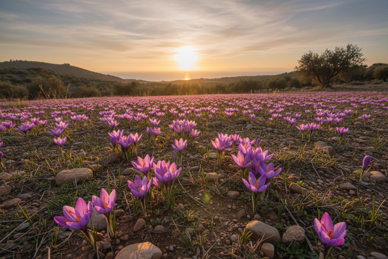 Saffron crocus flowers blooming in a sunlit field