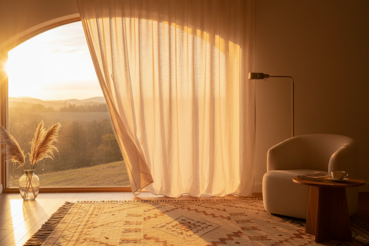 Golden sunset light streaming through a peaceful window