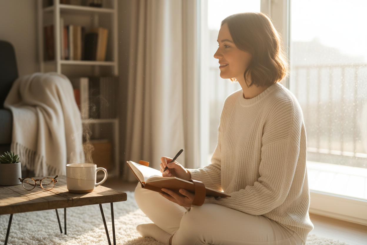 Person journaling peacefully in warm morning light
