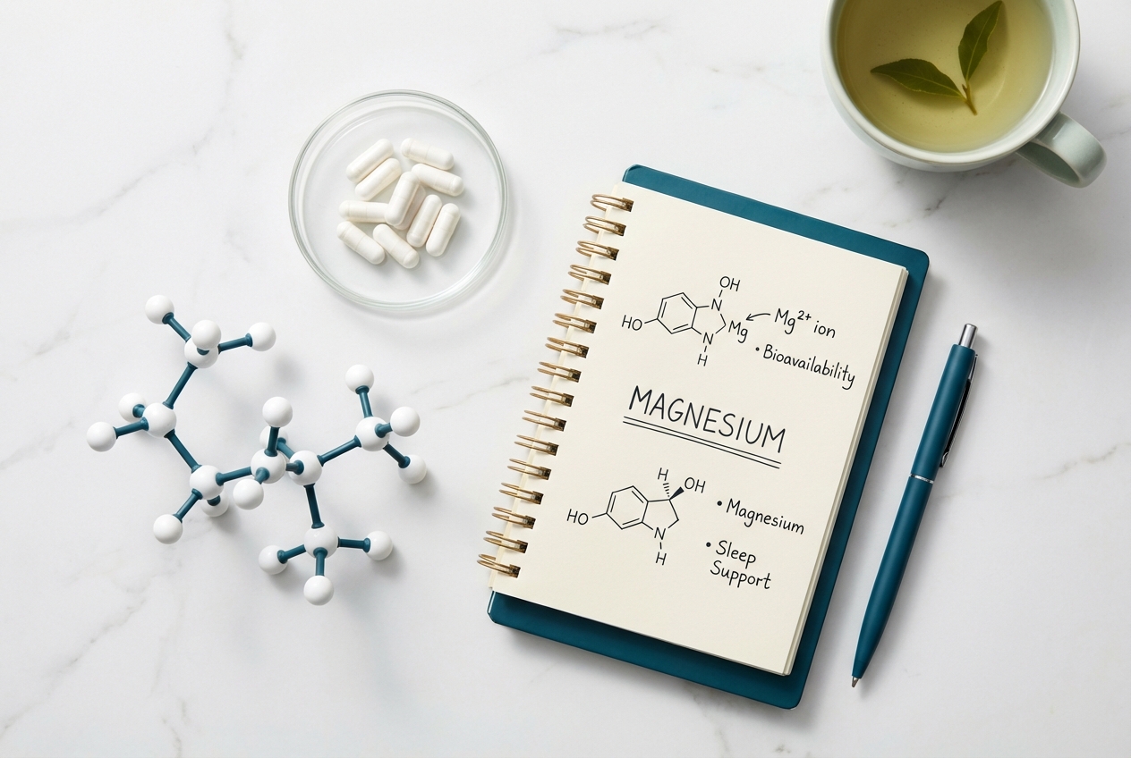 Magnesium research notes with molecular structure and capsules