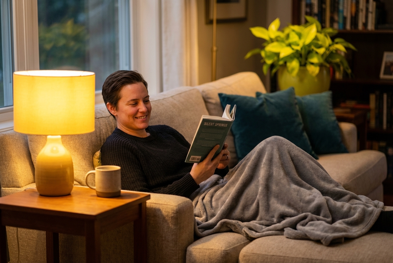 Person relaxing peacefully on a sofa in warm evening light