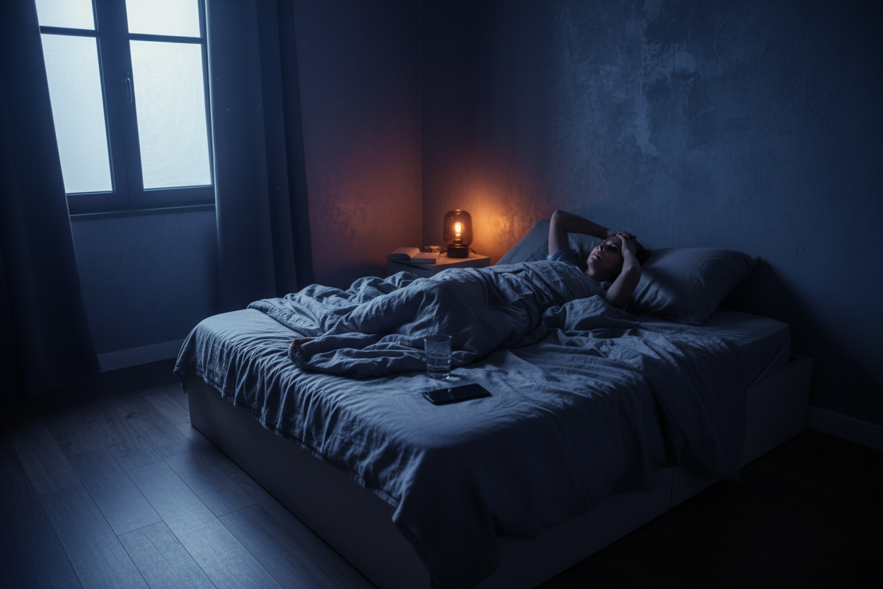Person lying awake in bed staring at the ceiling in dim light