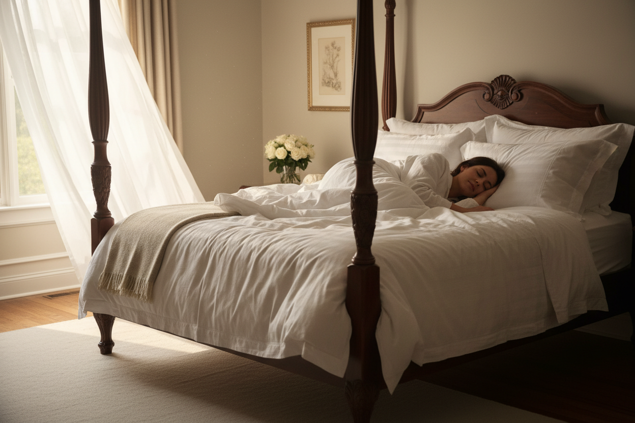 Person sleeping peacefully in a well-lit, calming bedroom