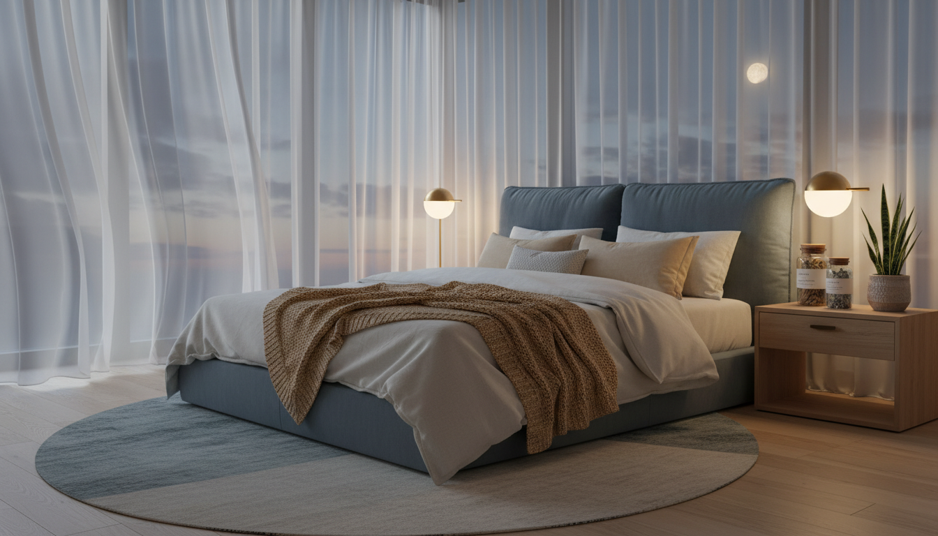 Serene bedroom with soft moonlight and natural sleep supplements