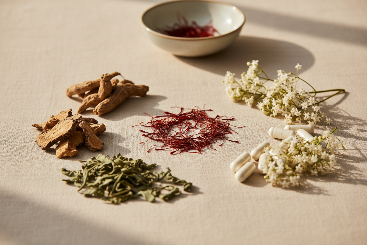 Collection of natural sleep supplement ingredients on a calming background