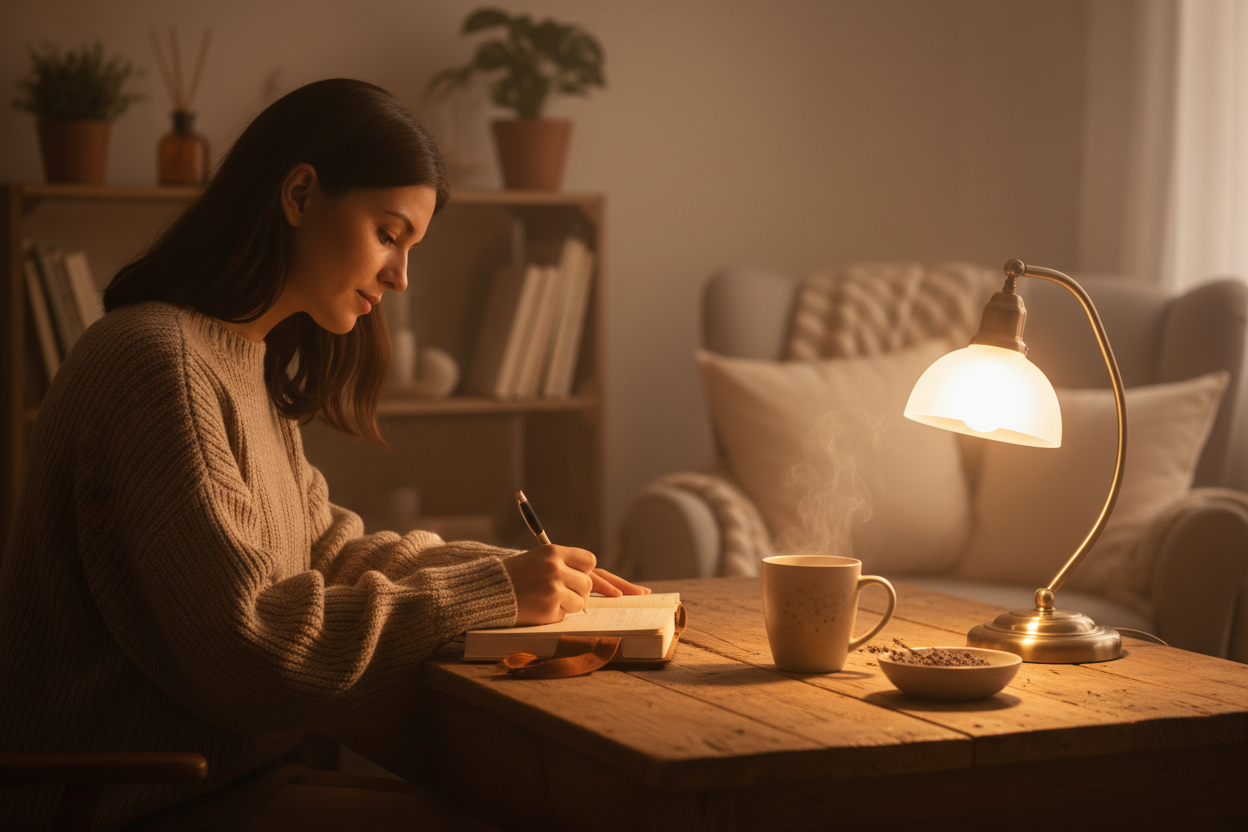 Person journaling about sleep patterns by soft lamplight