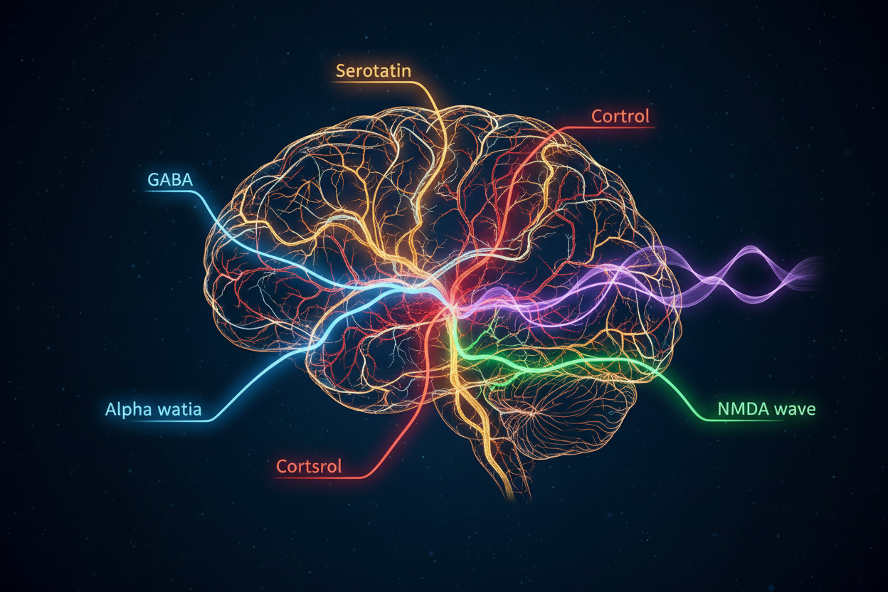 Scientific illustration of brain pathways and neurotransmitter systems