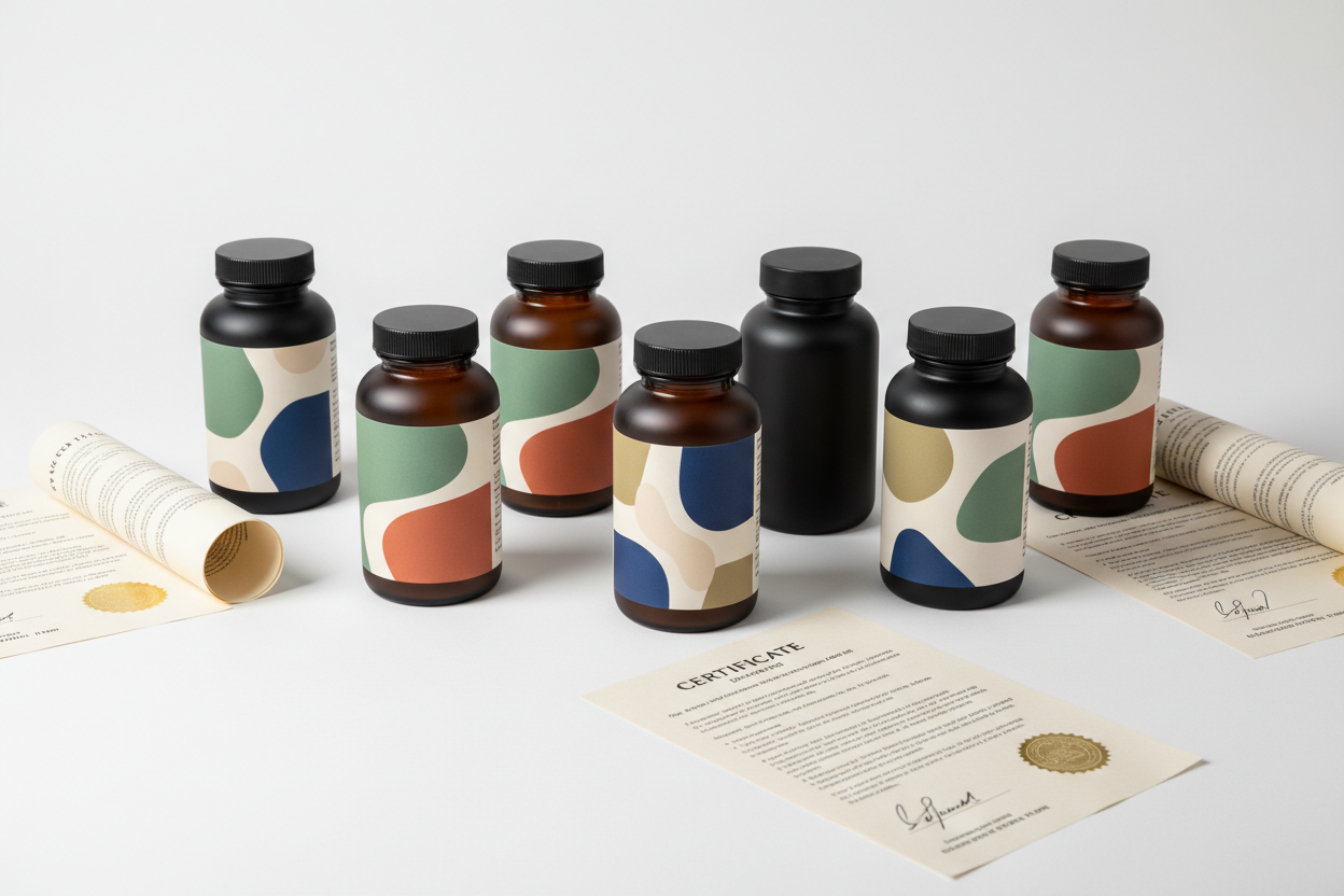 Close-up of verified supplement bottles with COA documentation