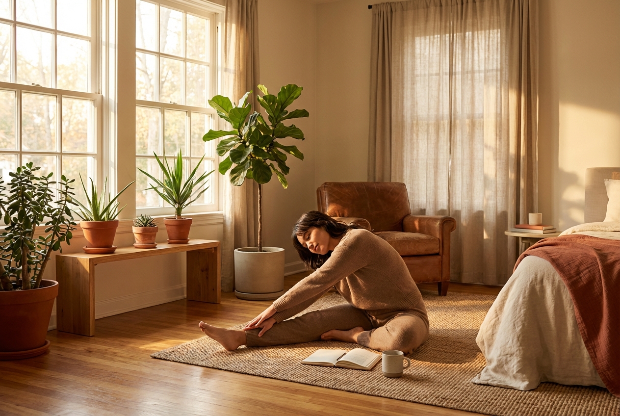 Person in a calm morning routine, journaling by a sunlit window