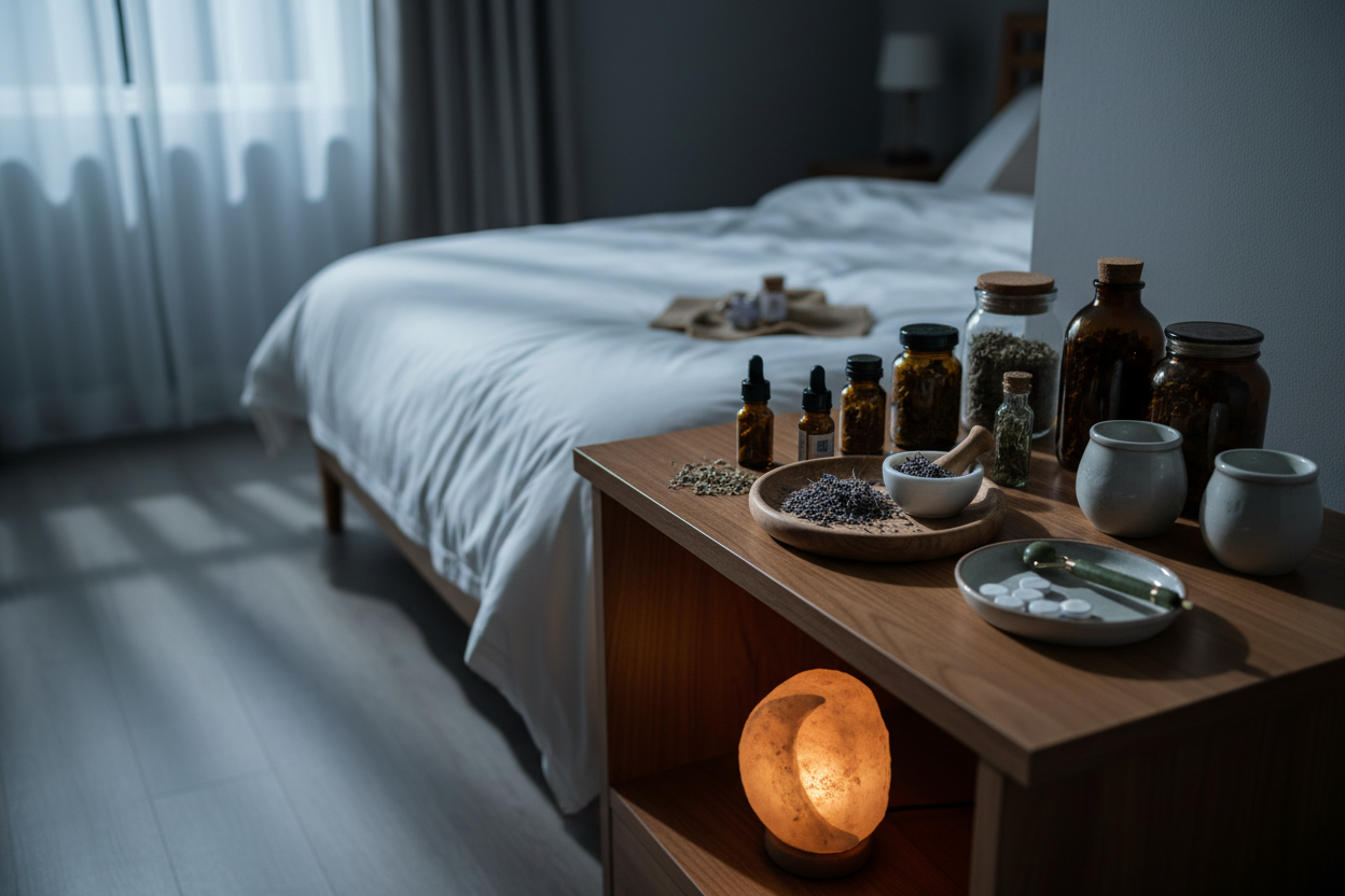 Peaceful nighttime scene with herbal supplements