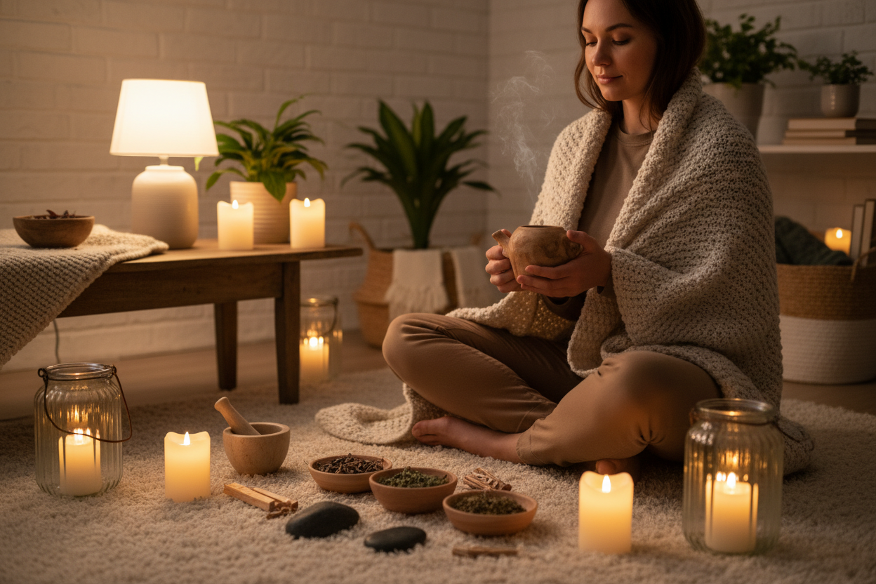 Person enjoying a calming evening routine with herbal tea