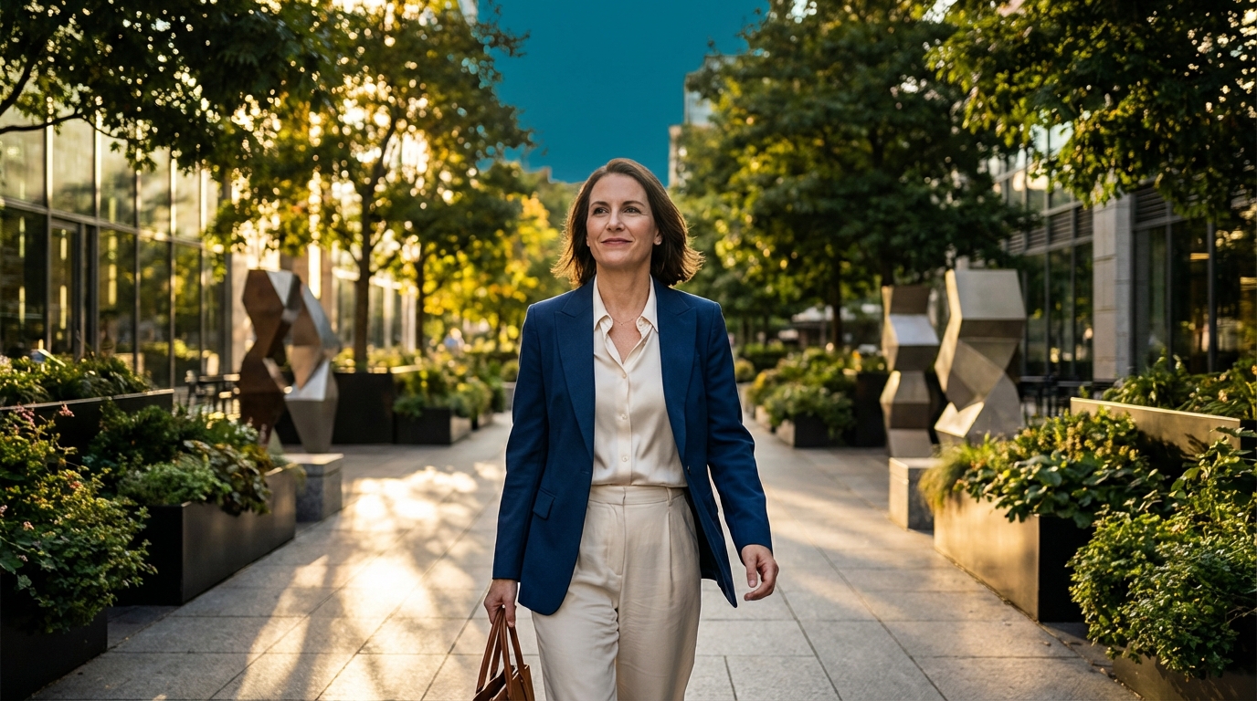 Confident person walking forward on a sunlit pathway
